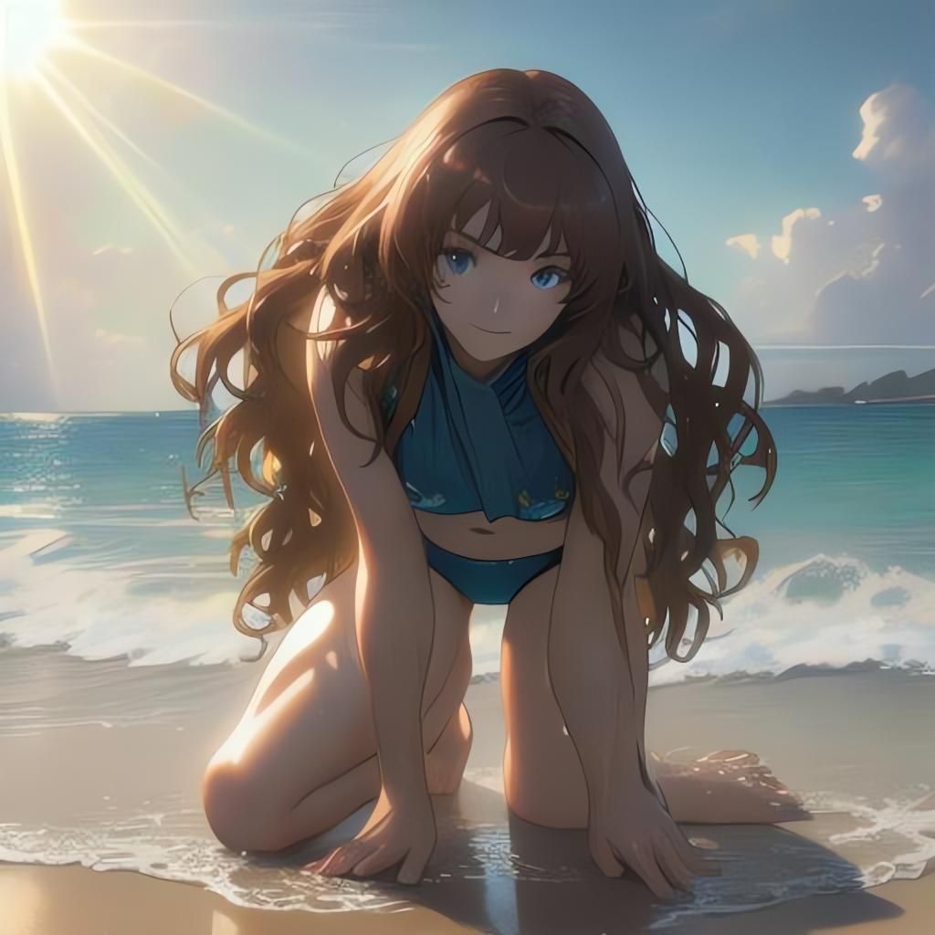 Girl on Beach in Blue Bikini: Hyperdetailed Portrait