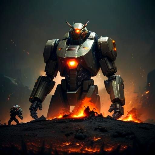 Burning Mechs in Sci-Fi Cinematic Scene