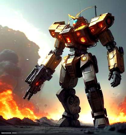 Fiery Mech Scene in Sci-Fi Style