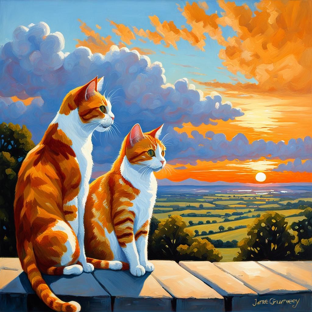 Cats Watching Sunset in Oil Painting Style