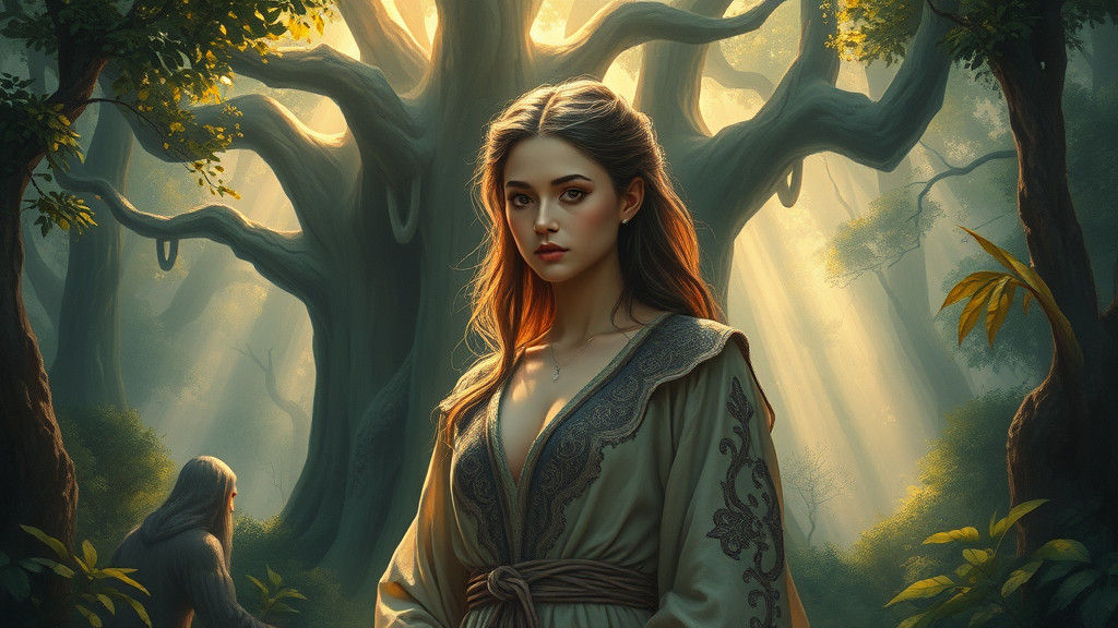 Mysterious Woman in Lush Forest, in Impressionist Style