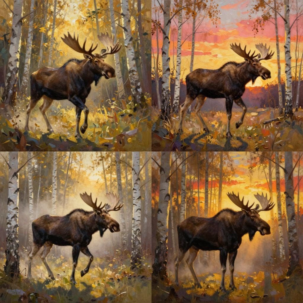 Moose Running Through Birch Forest at Sunset in Oil Painting...