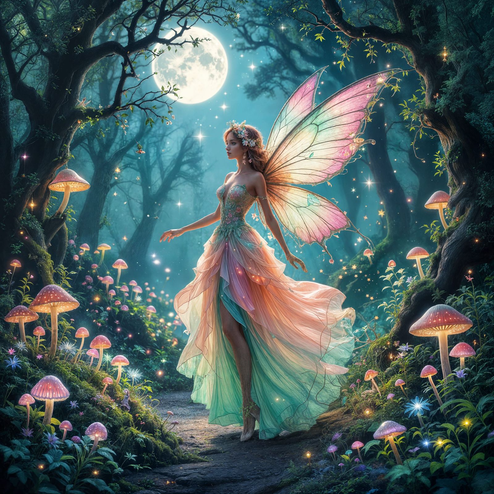 Enchanted Luminescent Forest with Dancing Fairy