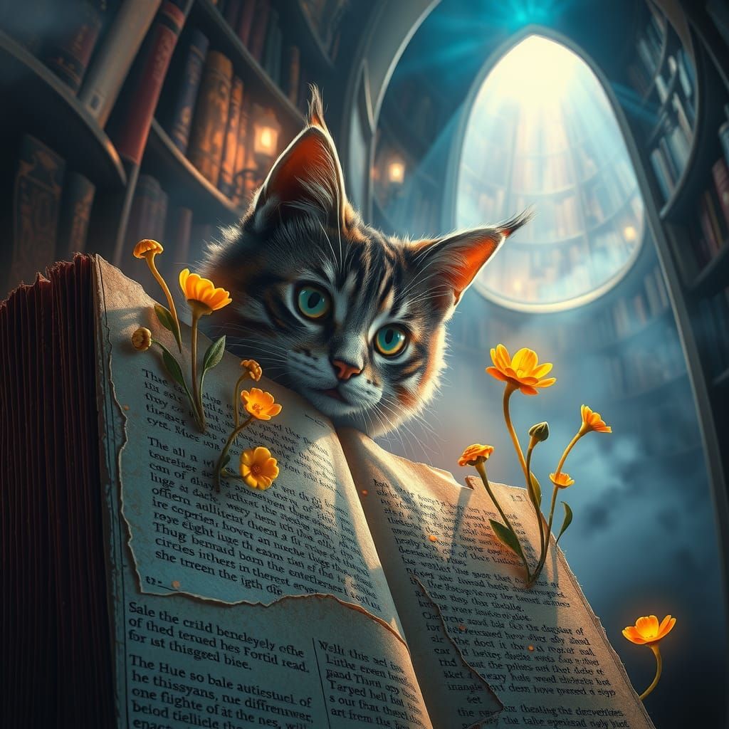 Curious Cat in Mystical Library, Organic Sci-Fi