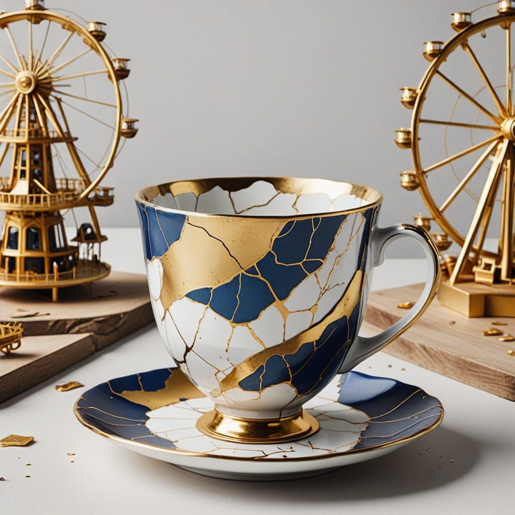 Kintsugi Teacup Amusement Park in Watercolor Style