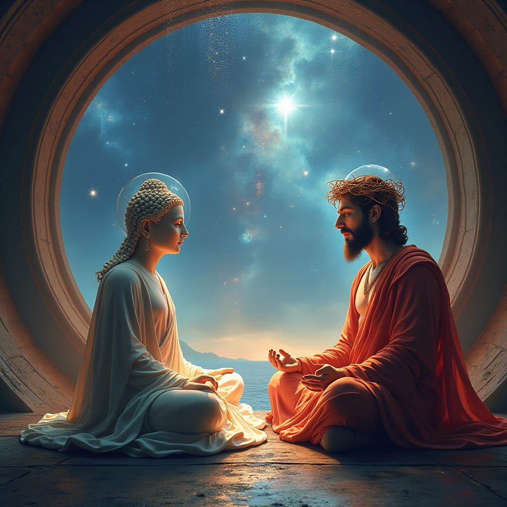 Buddha and Jesus in Spaceship with Falling Stars