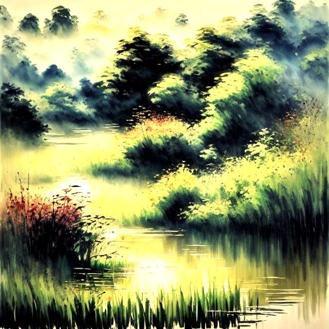 Sunrise Over Rice Fields in Chinese Painting Style
