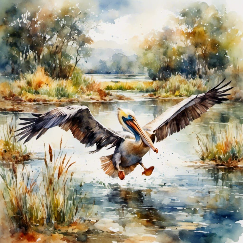 Pelican Catching Fish in Watercolor Style