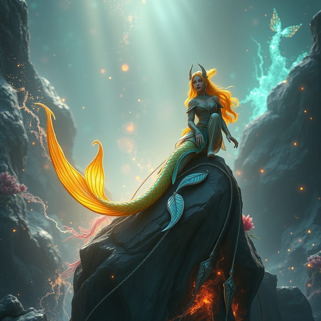 Golden Fantasy Female Amidst Bioluminescent Aquatic Wonders