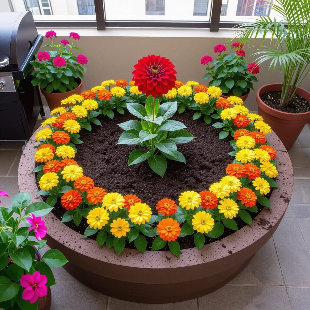 Balcony Garden Mud Pit with Red Dahlia and Zinnias