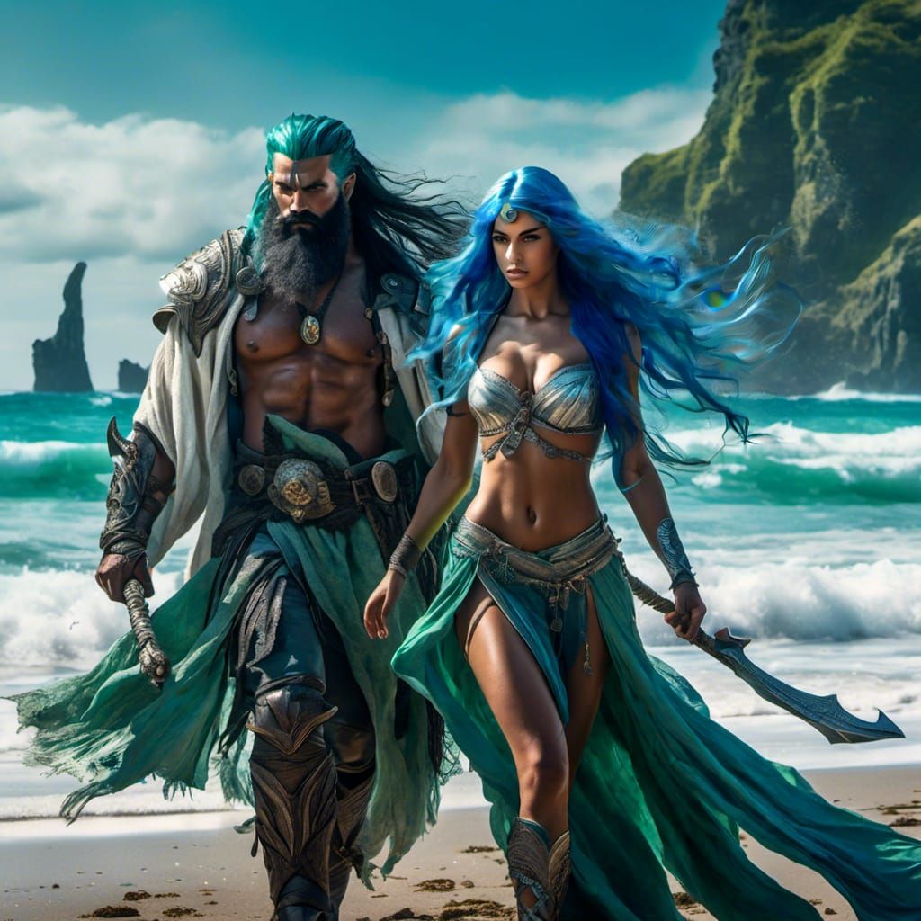Elf Sorceress and Orc Warrior on a Beach