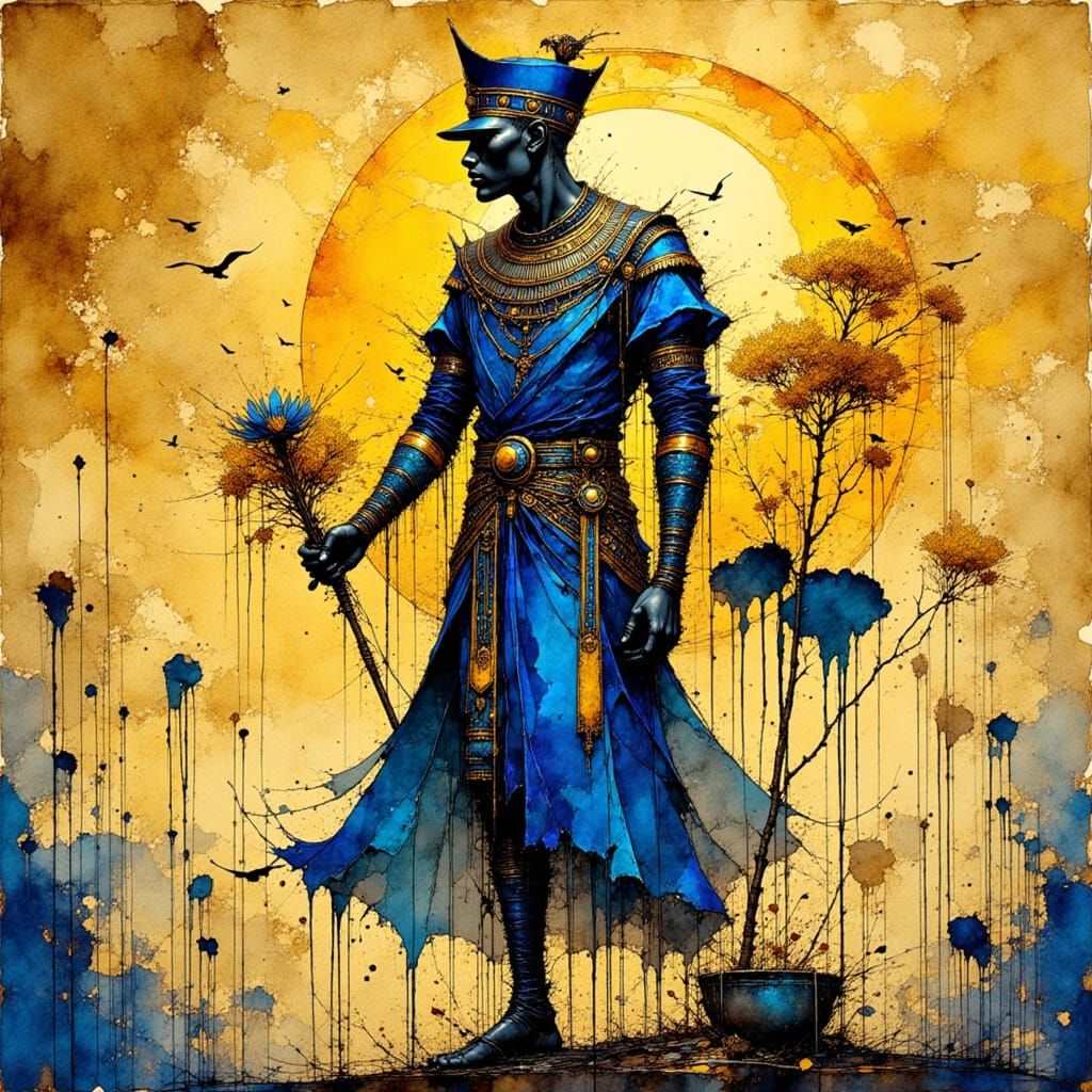 Ancient Egyptian Hieroglyph Figure in Gold and Blue Ink