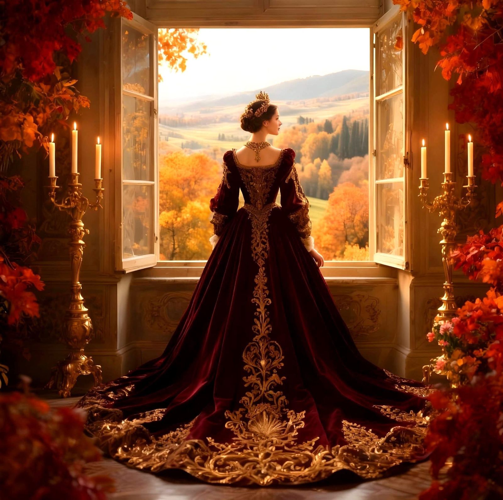 Regal Woman in Opulent Baroque Gown Overlooking Autumn Lands...