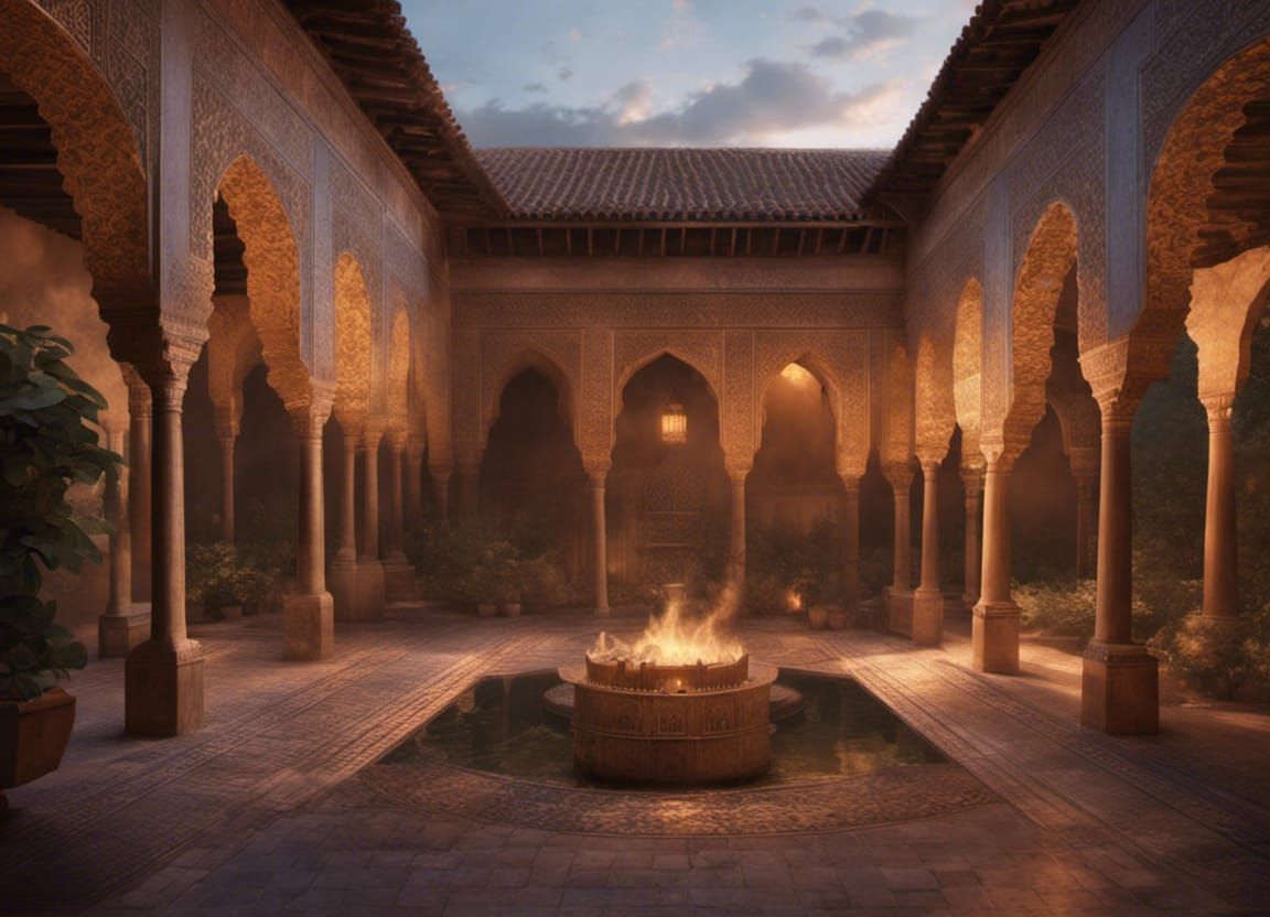 Dramatic Courtyard at Magic Hour, Digital Matte Painting
