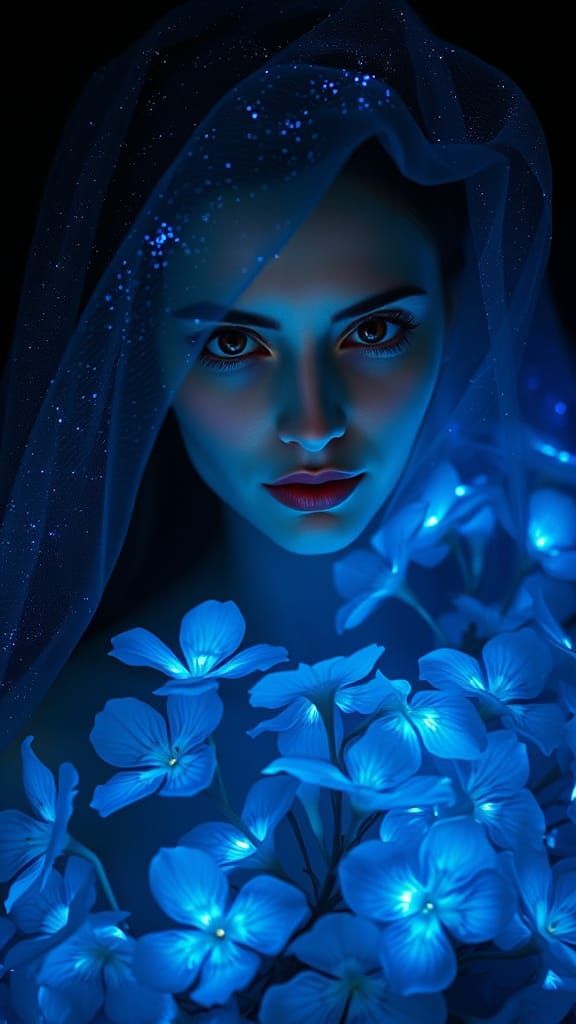 Mysterious Woman Surrounded by Glowing Velvet-Like Blue Flow...