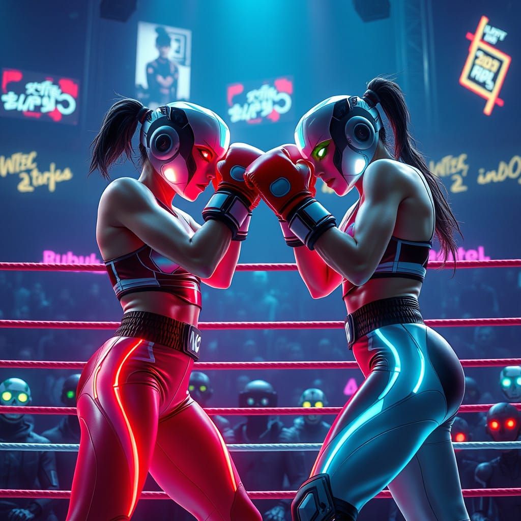 Cyberpunk Boxing Match in a Neon-Lit Arena with Android Spec...