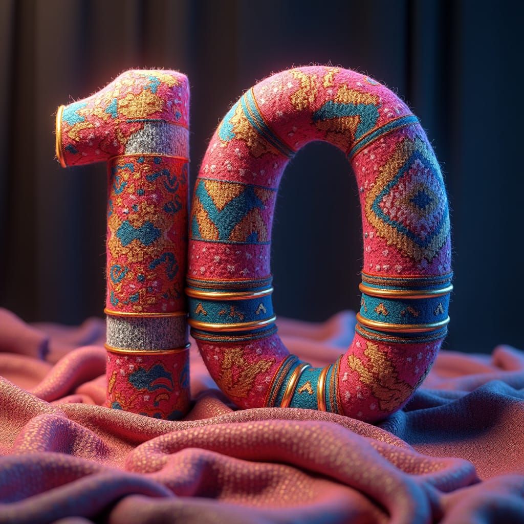 Ornate Knitted Number Ten on Sweeping Fabric