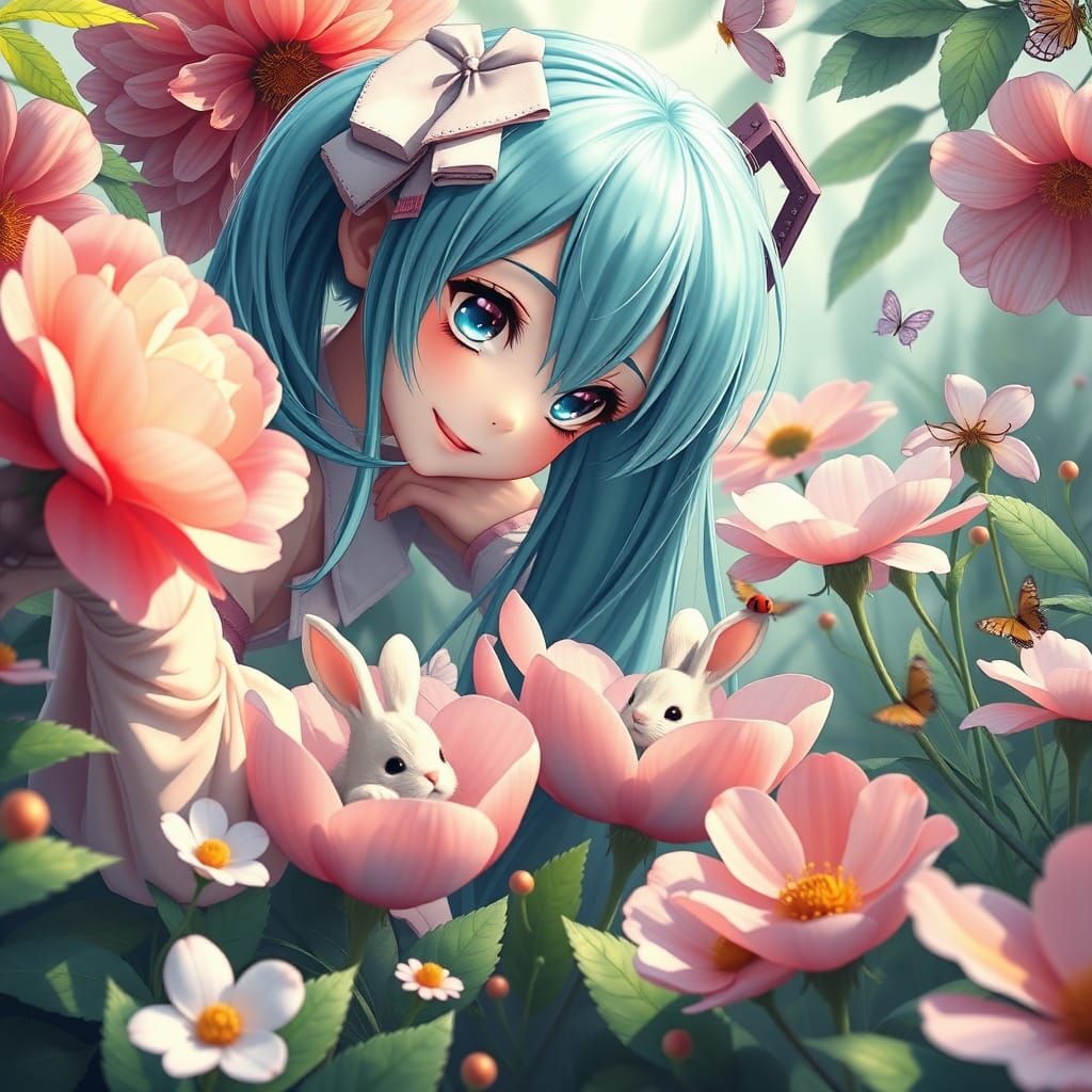Whimsical Garden Scene with Hatsune Miku and Tiny Bunnies