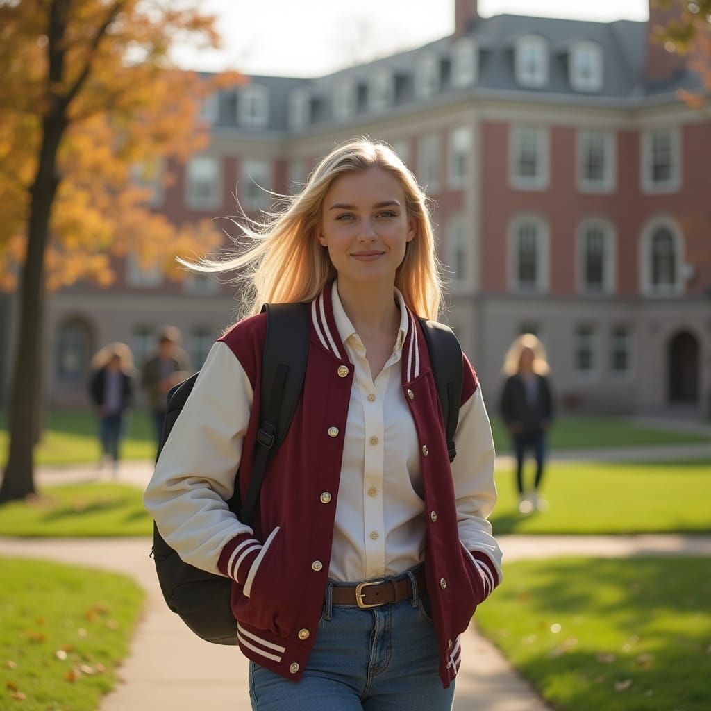 Young Woman in Varsity Jacket on Autumn Campus