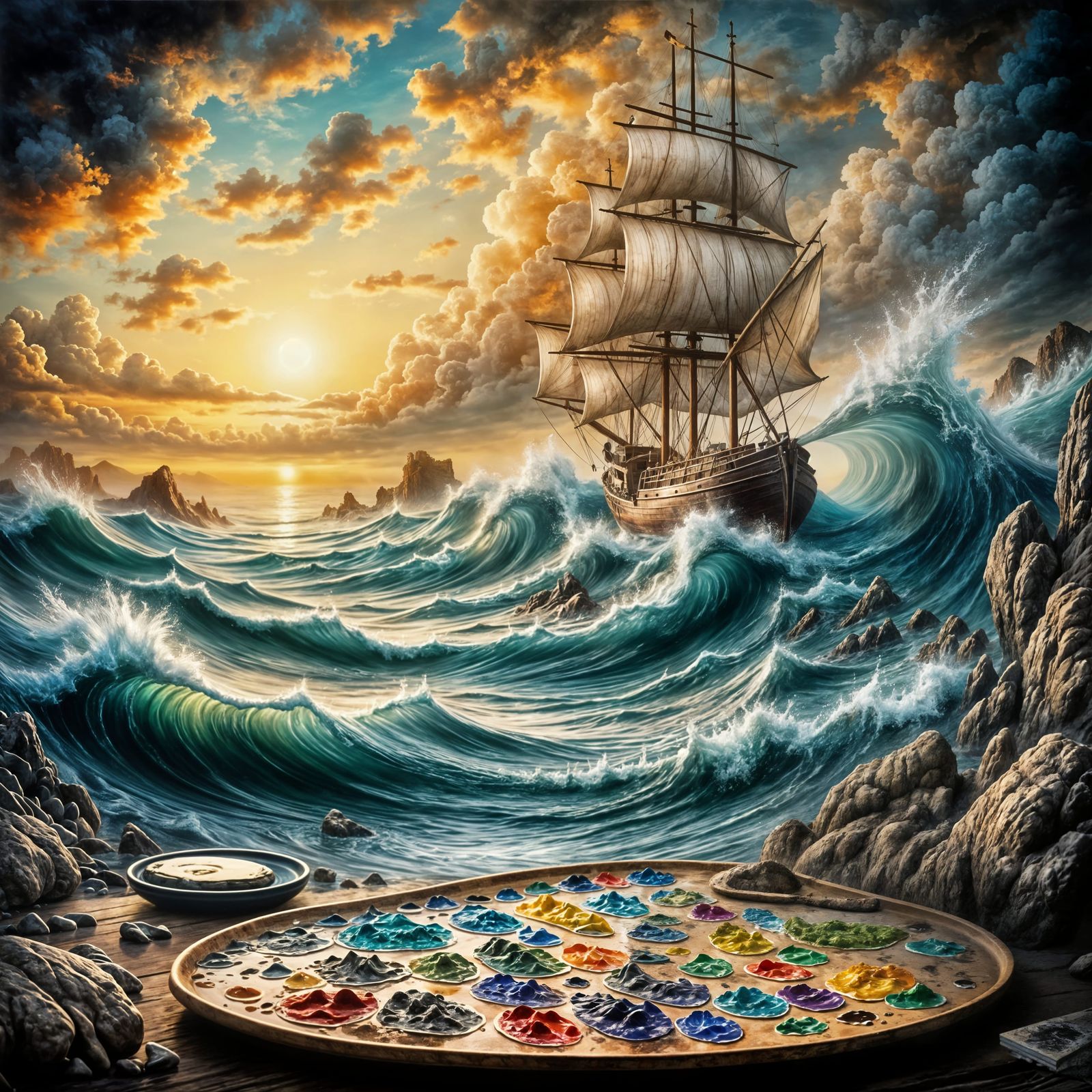 Ship Emerges from Oil Paint on Palette