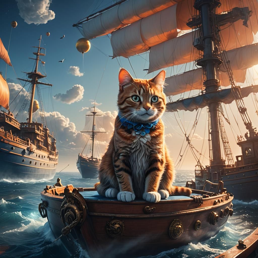 Cat Sailor on a Flat Earth, Digital Art