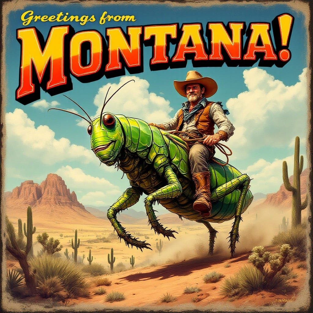Cowboy Rides Giant Grasshopper in Montana, Retro Postcard
