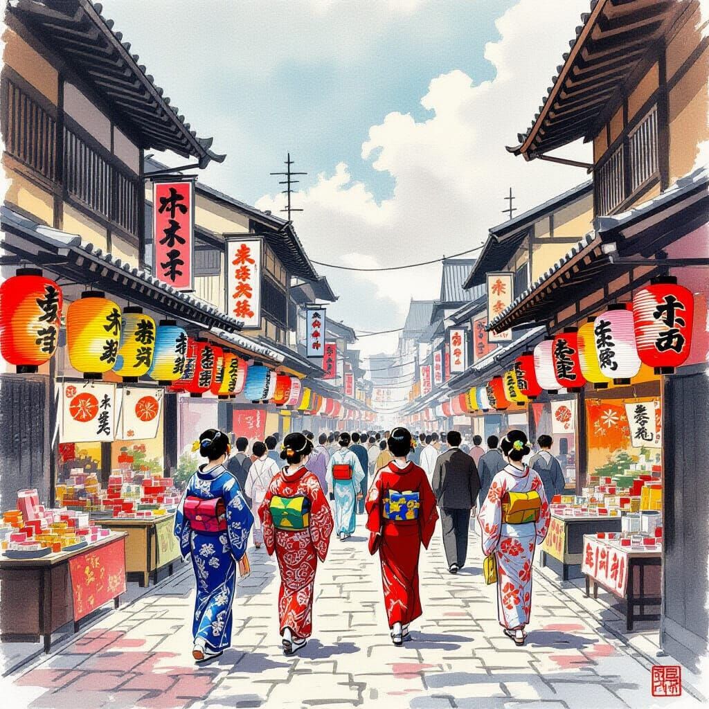 Bustling Tokyo Street Scene in Ukiyo-e Style