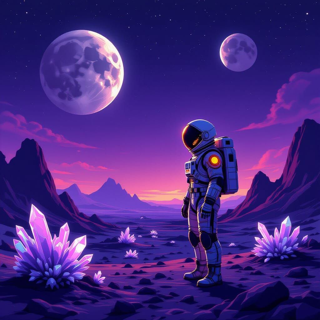 Astronaut on Alien World with Two Moons