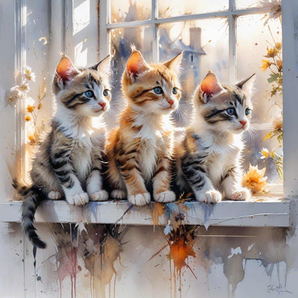 Adorable Kittens on Window Ledge in Watercolour Style