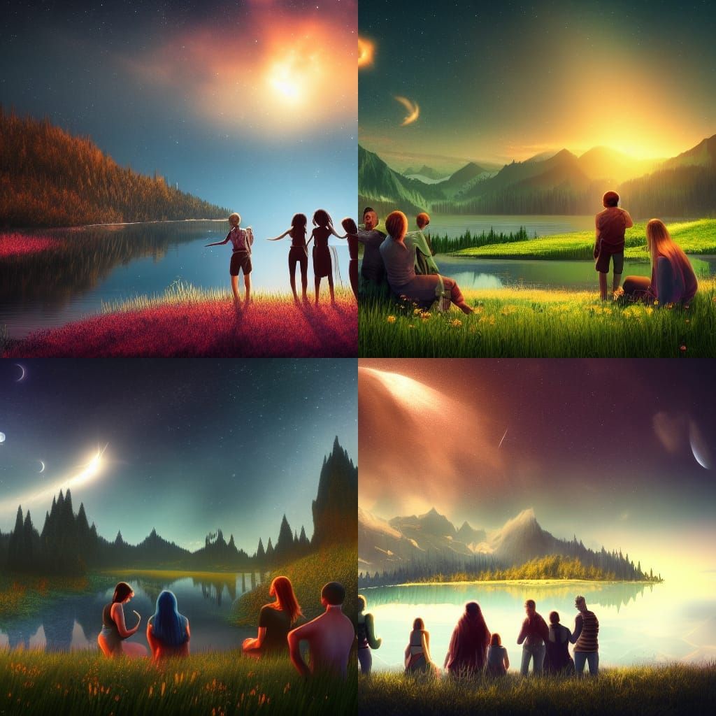 Friends Stargazing in a Fantastical Meadow