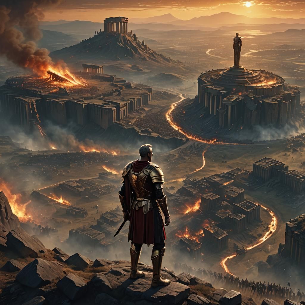 Victorious Caesar Overlooks Burning Battlefield in Sci-Fi Ar...