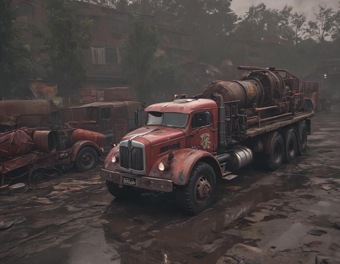 Dieselpunk Wrecking Truck in Grim Industrial Sunset