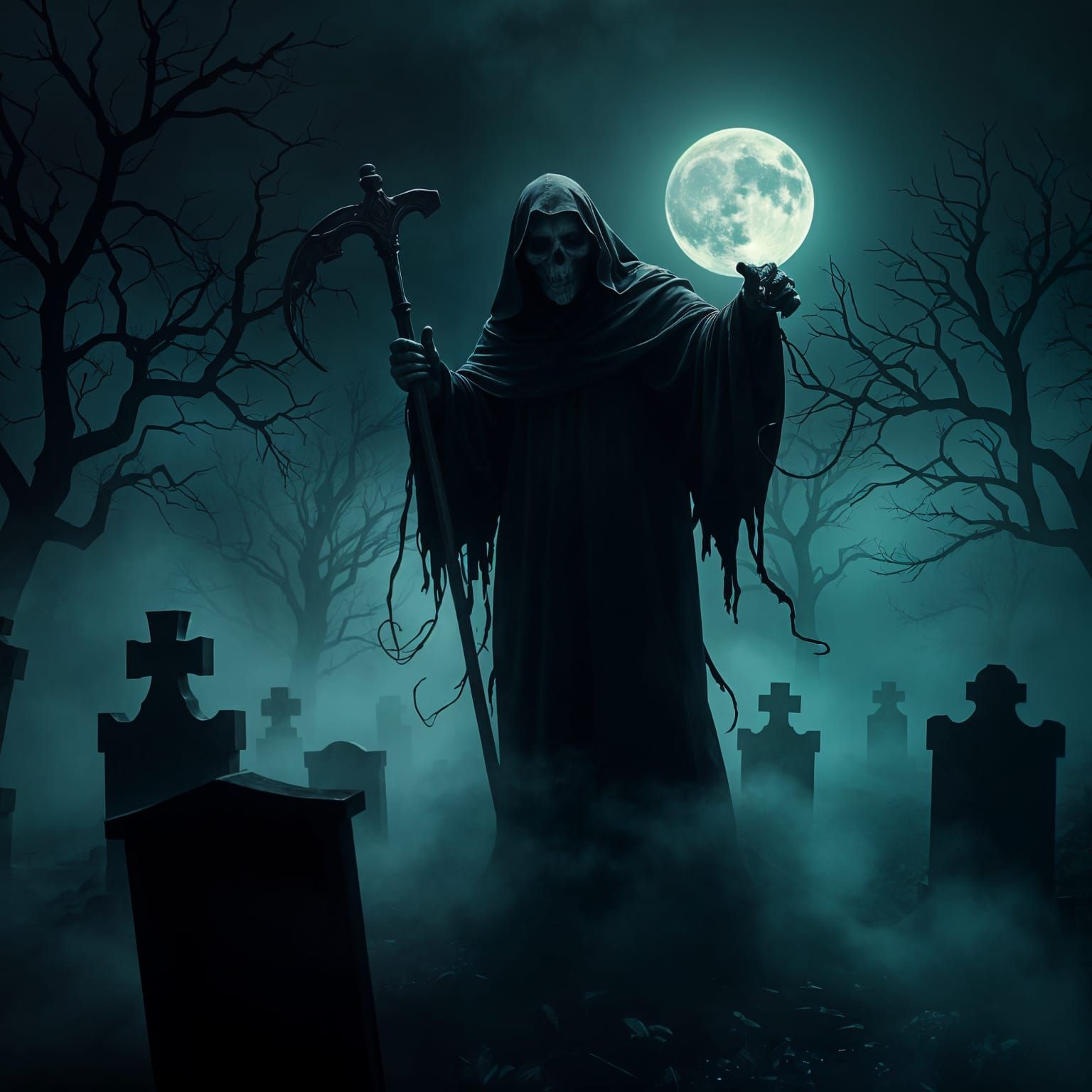 Eerie Cemetery Grim Reaper in Moonlit Fog