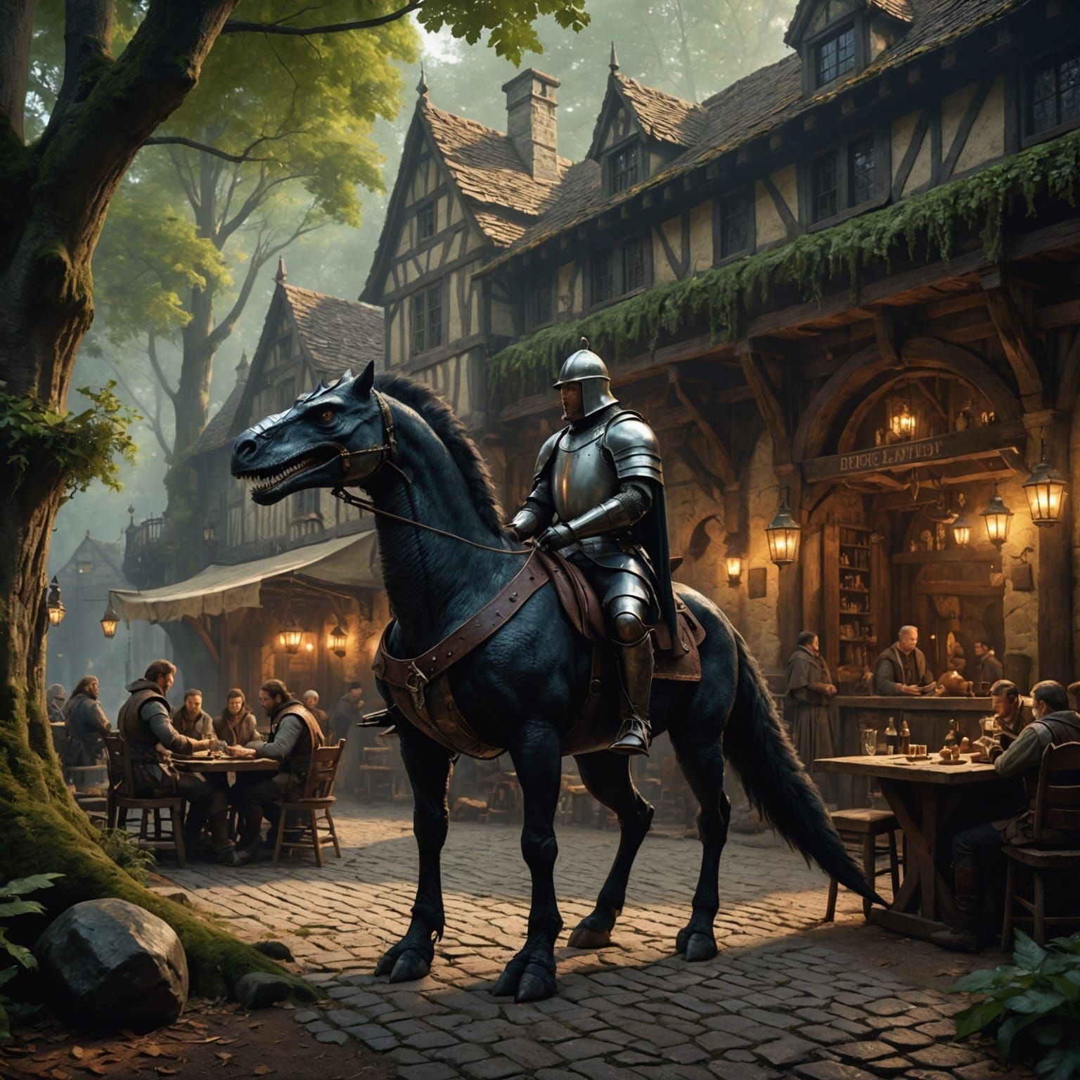 Knight Saddles Velociraptor Outside Forest Tavern