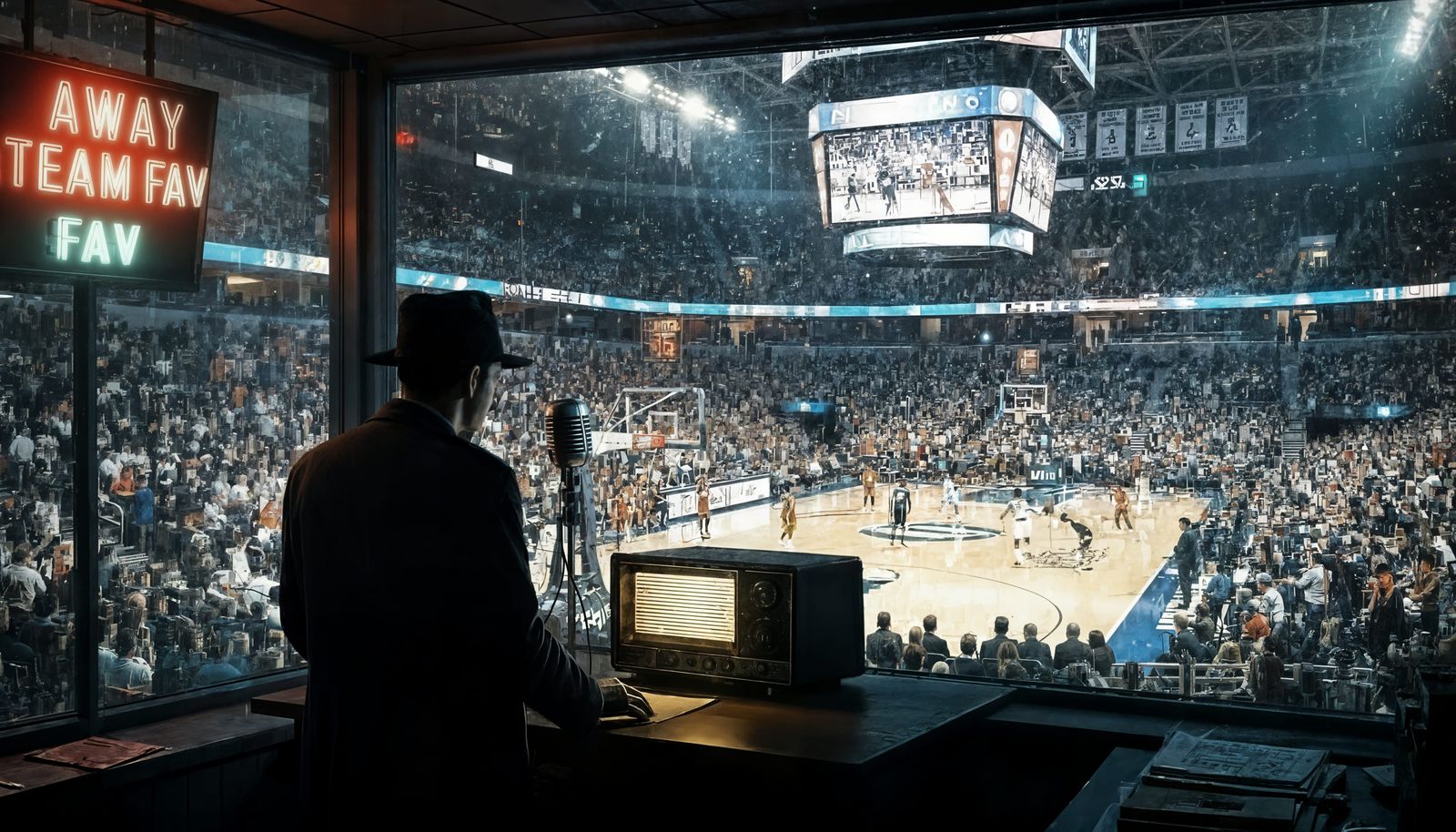 1950s Noir Radio Announcer in Melancholy Cityscape