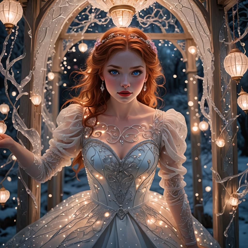Auburn Haired Girl in Ice Lantern: Digital Masterpiece