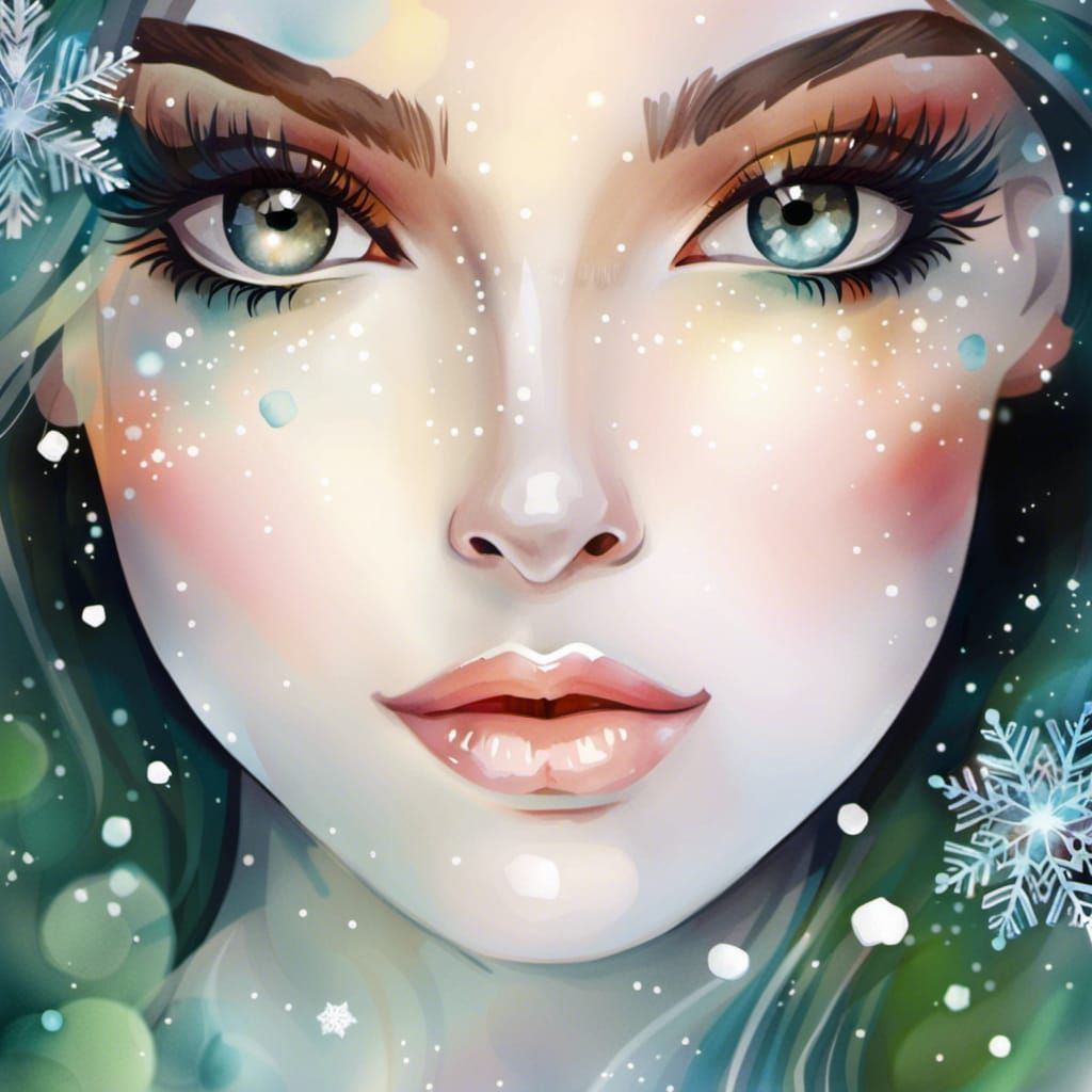 Magical Woman with Snowflakes in Watercolor Art