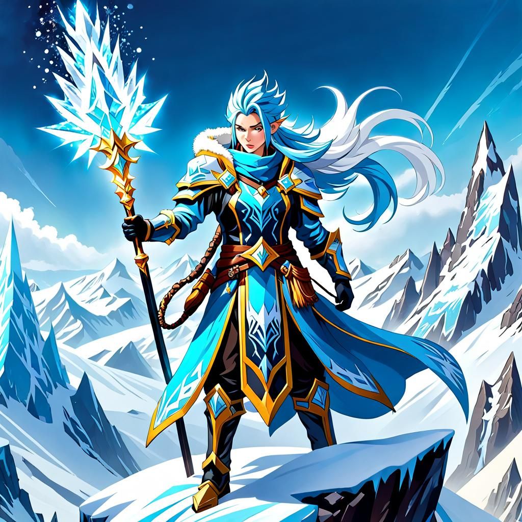 Mage Conjures Ice Magic Atop Snowy Peak