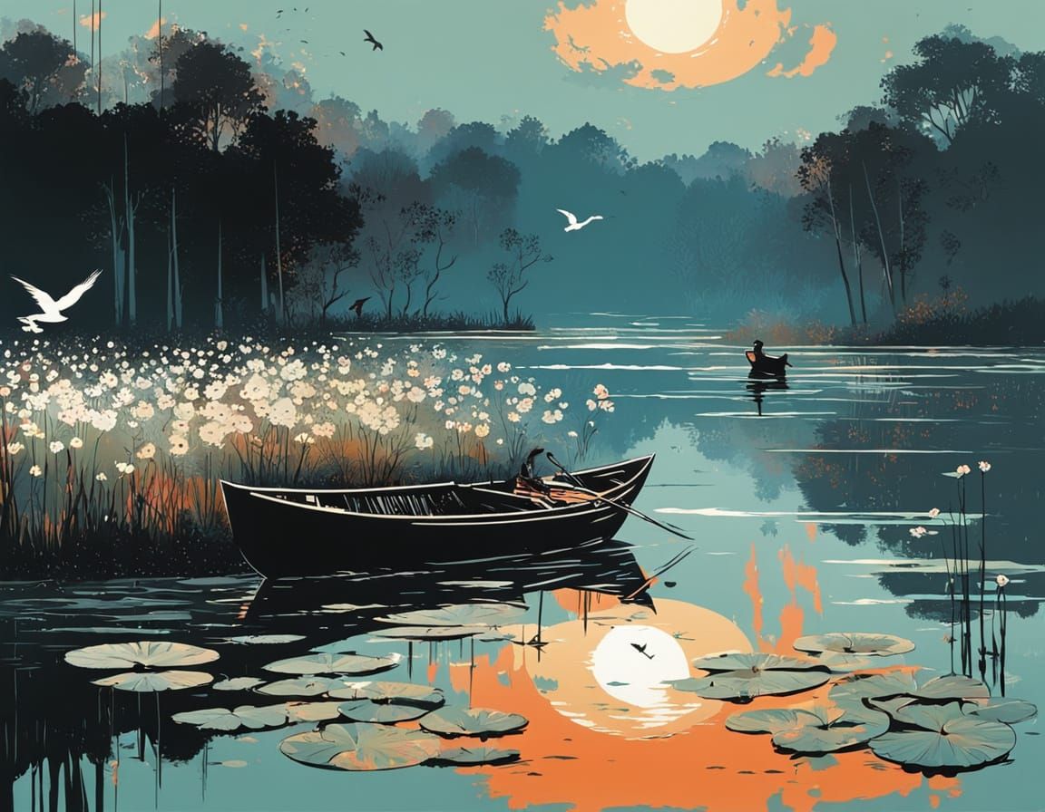 Serene Lake Evening with Boat, Lilies, and Birds