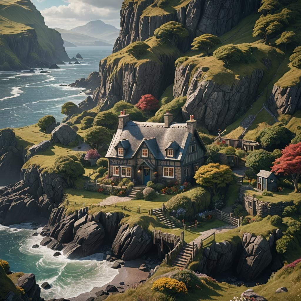 Scottish Seaside Cottage: Detailed Fantasy Concept Art