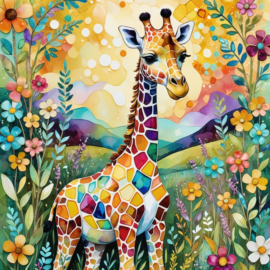 Whimsical Fantasy Giraffe in a Lush Floral Meadow