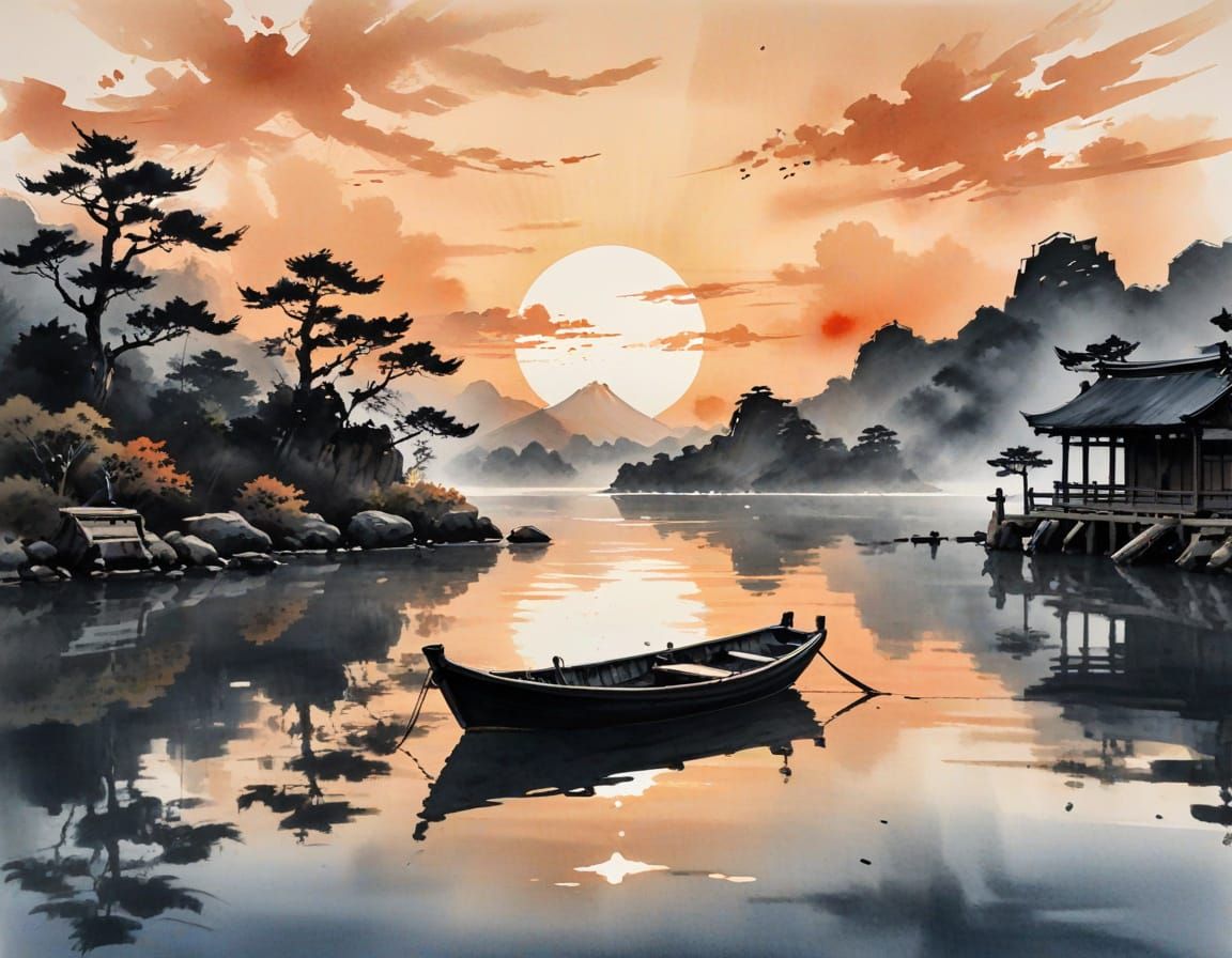 Japanese Sunset Landscape in Sumi-e Style