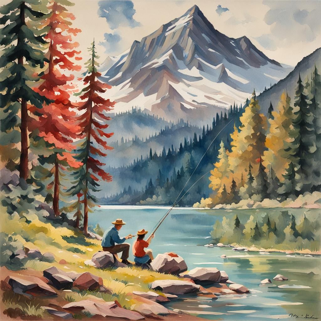 Couple Fishing by Mountain Lake as Gouache Painting