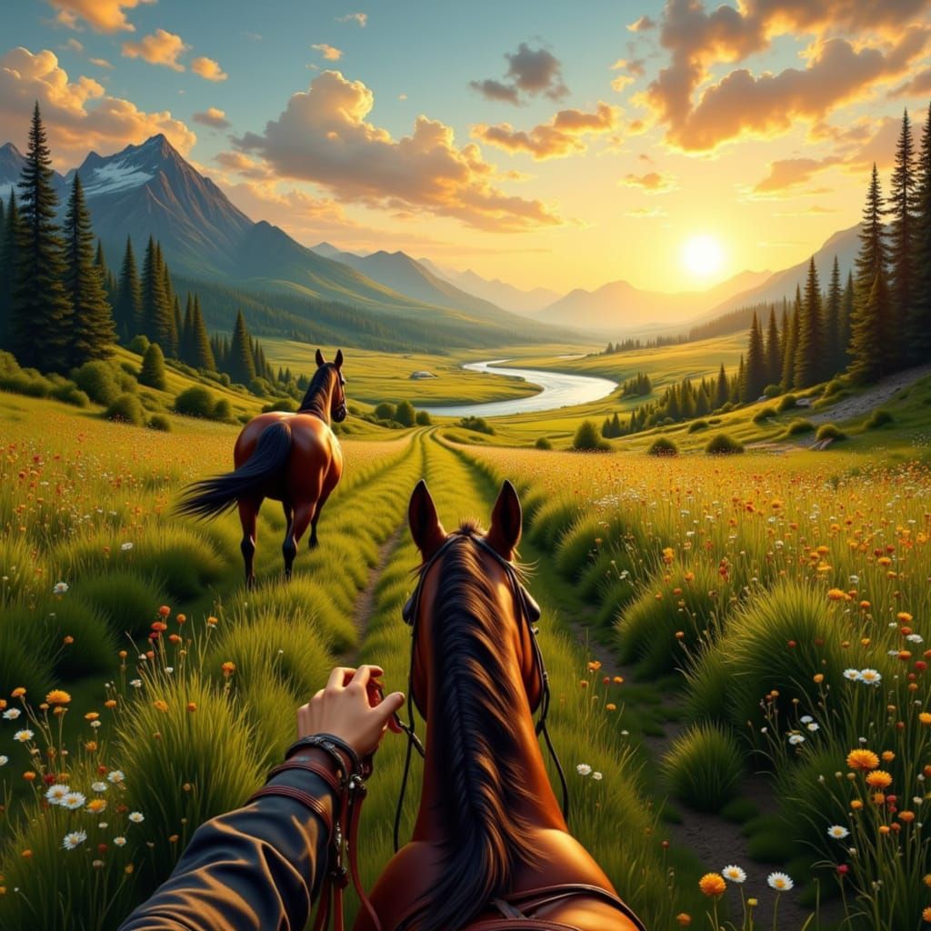 First-Person Horse Ride Through Scenic Meadow at Sunset