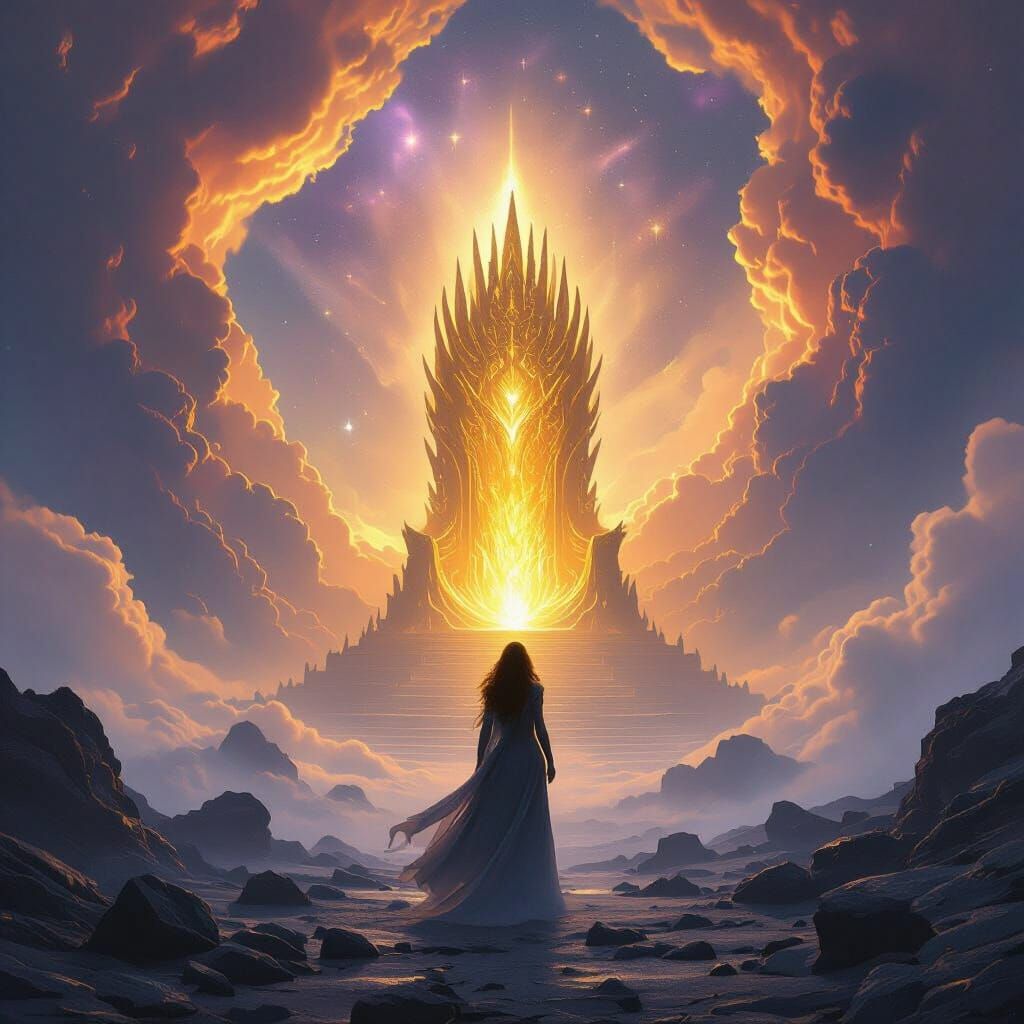 Heroine Gazes at Golden Throne in Cosmic Sci-Fi Fantasy