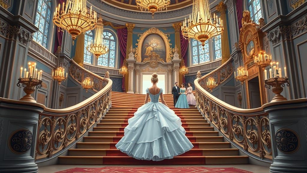 Cinderella on Castle Stairs in Whimsical Disney Style