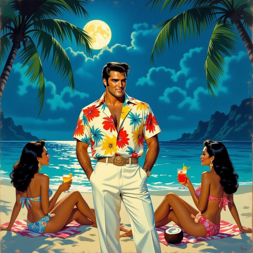 Elvis Presley on a Yacht in Pulp Art Style