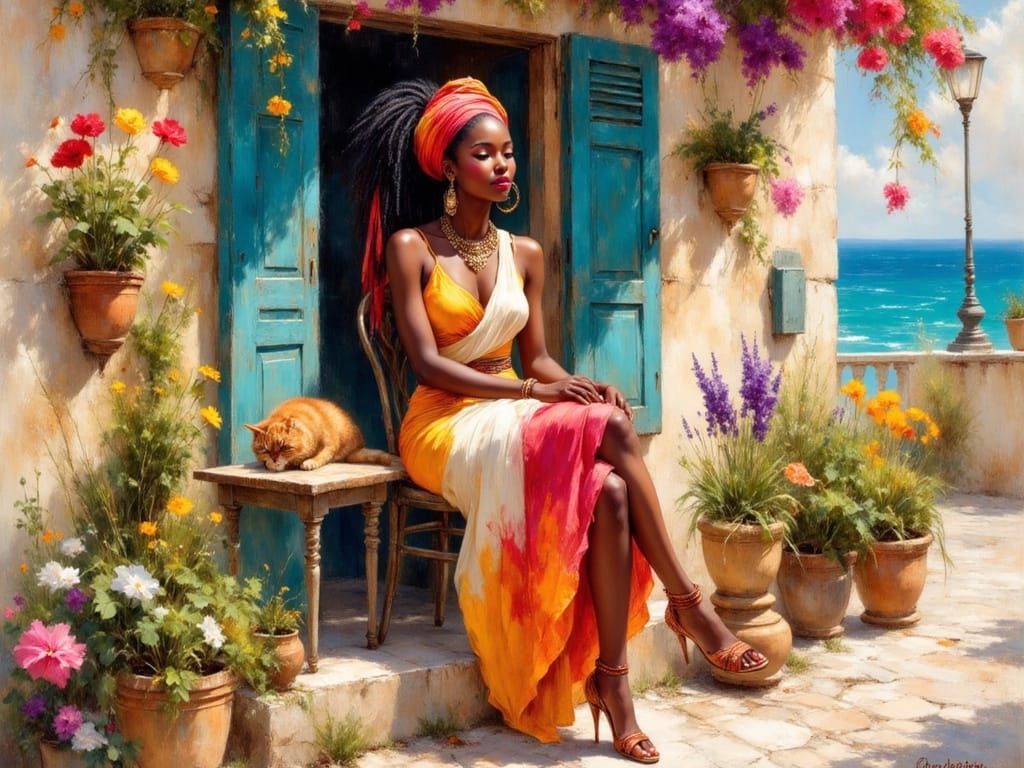 Fashionable Black Woman with Cat by Mediterranean Sea