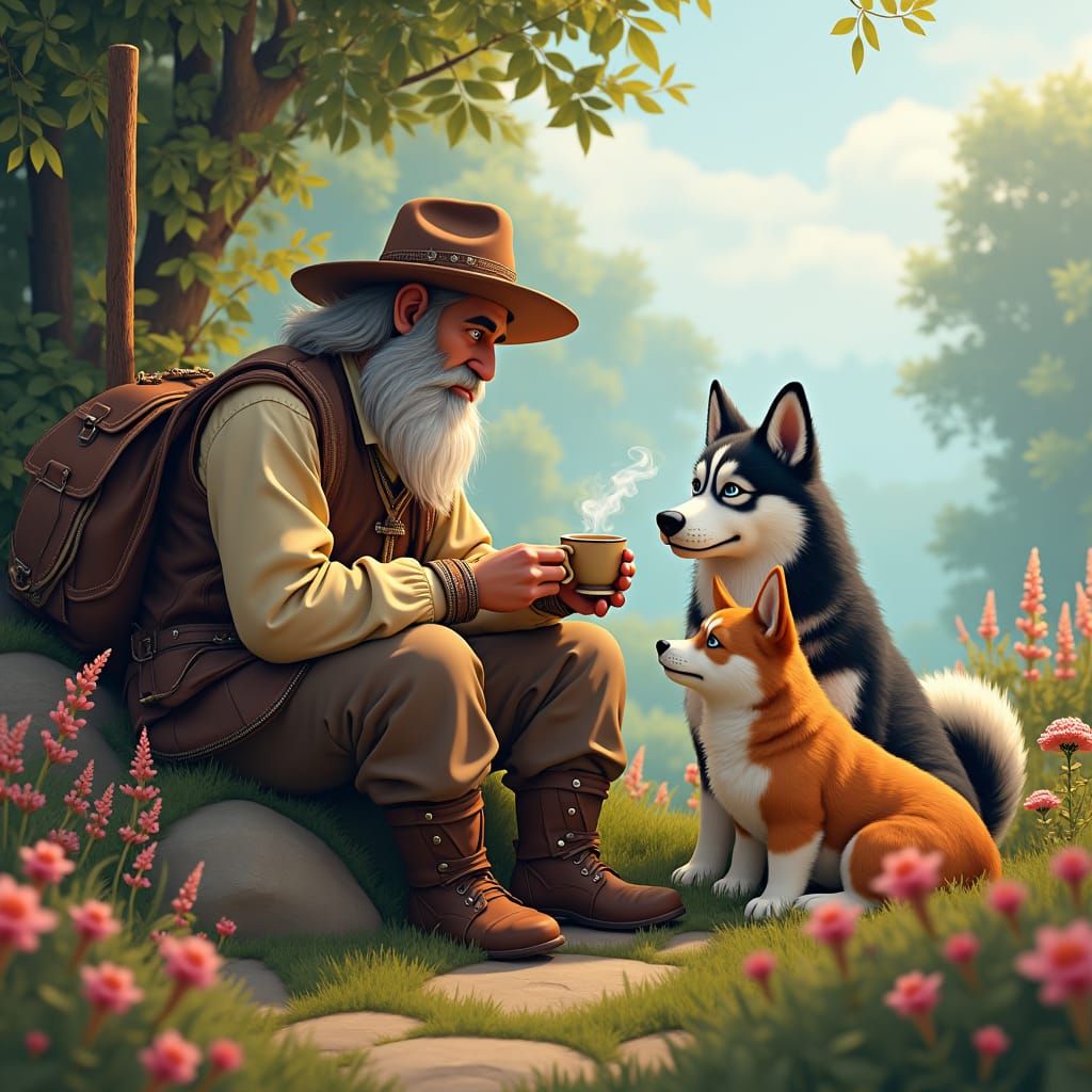 Whimsical Fantasy Landscape: Shepherd, Husky, and Corgi