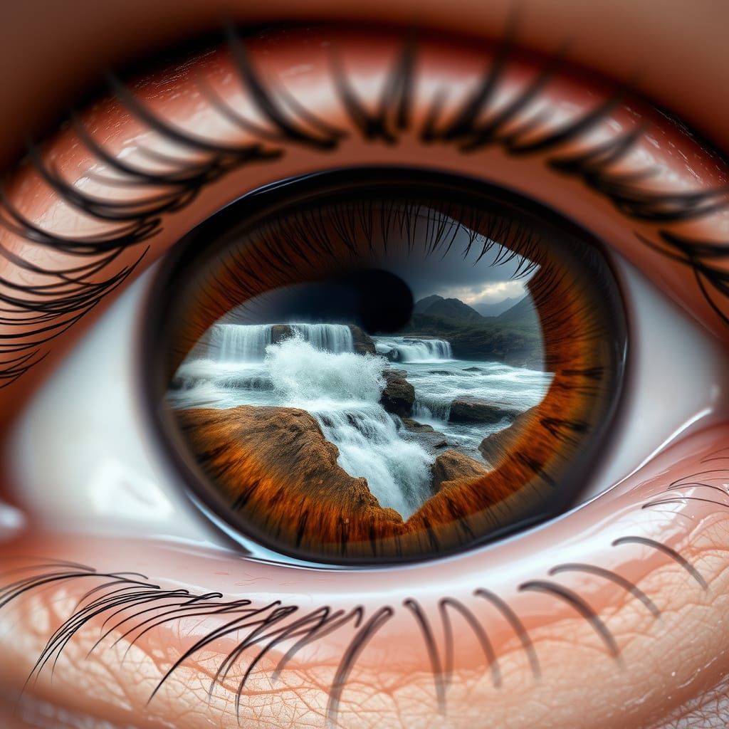 Macro Eye with Mountain Stream Double Exposure